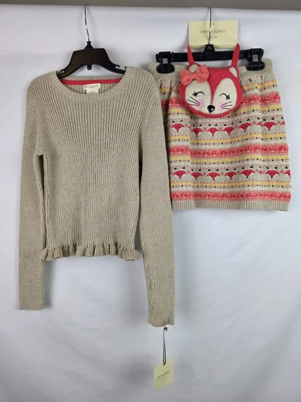Cynthia Rowley Girl's 3 Piece Outfit Sz Medium 7-8 Gold Sweater Skirt Fox Purse